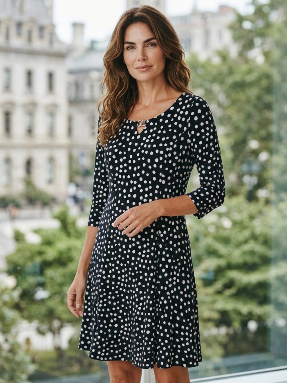 Susan Graver | Navy Blue and White Midi Dress | Size Medium